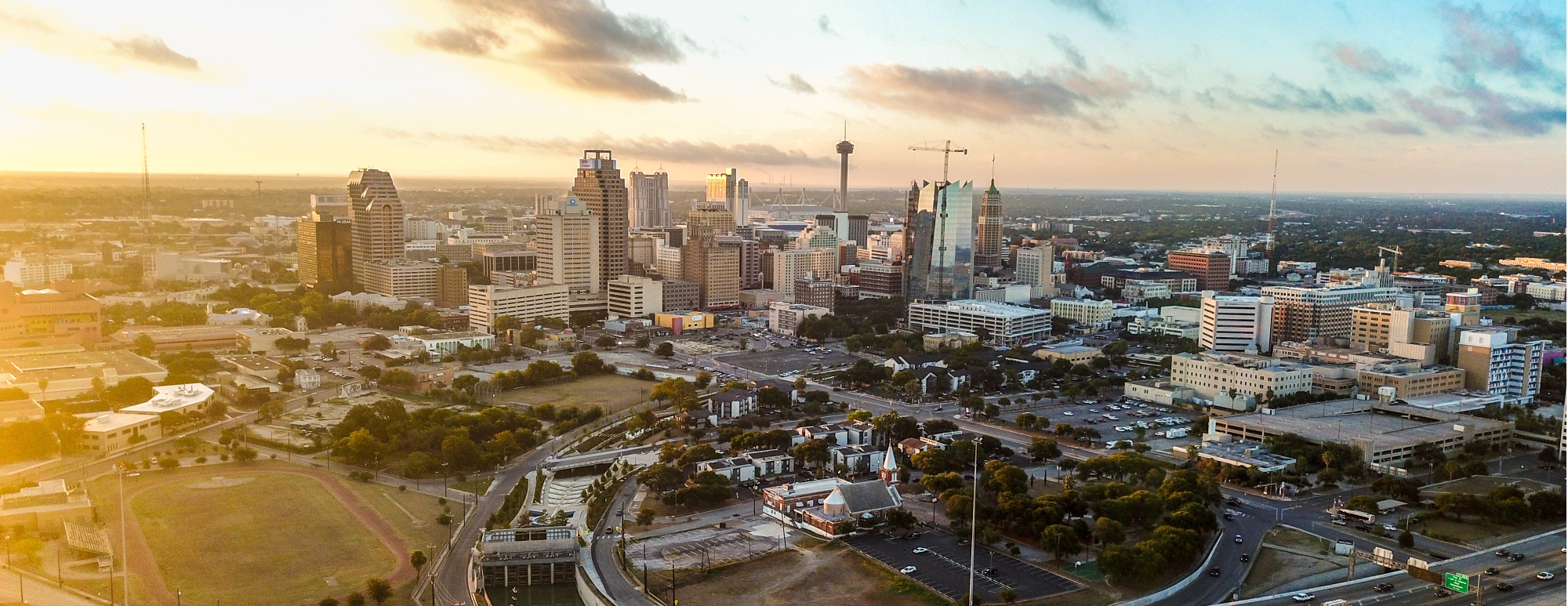 The whole city of San Antonio taken from a drone while its sunrise