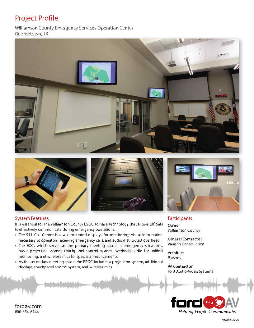 Williamson County ESOC (Emergency Services Operations Center) project profile — overview of AV systems including displays, projection, touchpanel control, audio, and wireless mic infrastructure