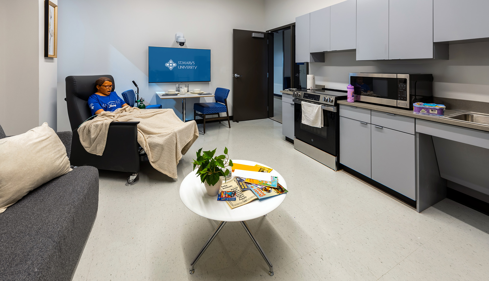 Home-care nursing simulation room designed to replicate a residential environment
