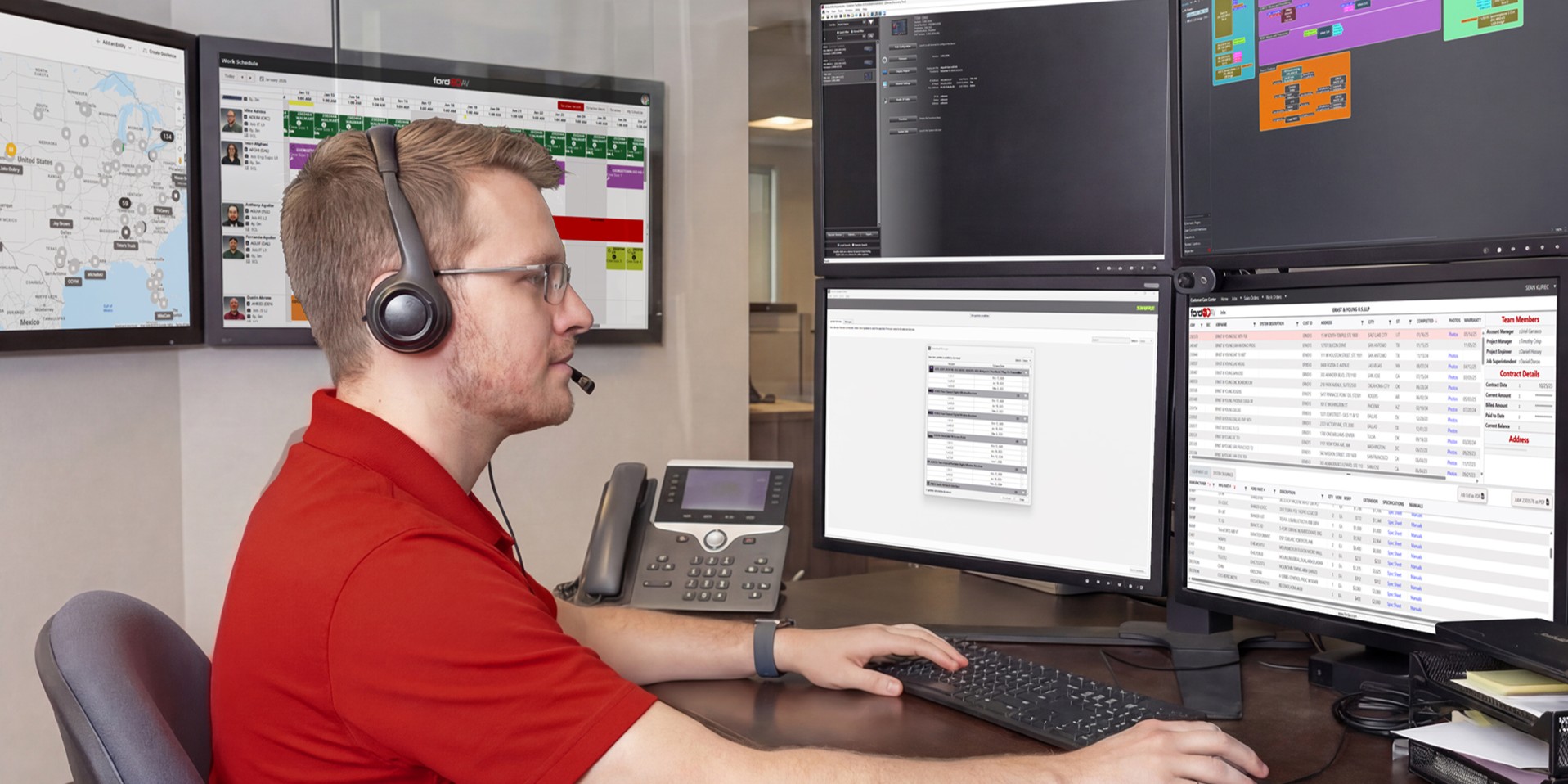 Technician monitoring multiple AV systems remotely using AVRMM software.