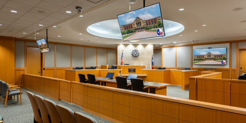 Courtroom AV system with digital evidence display and wireless content sharing