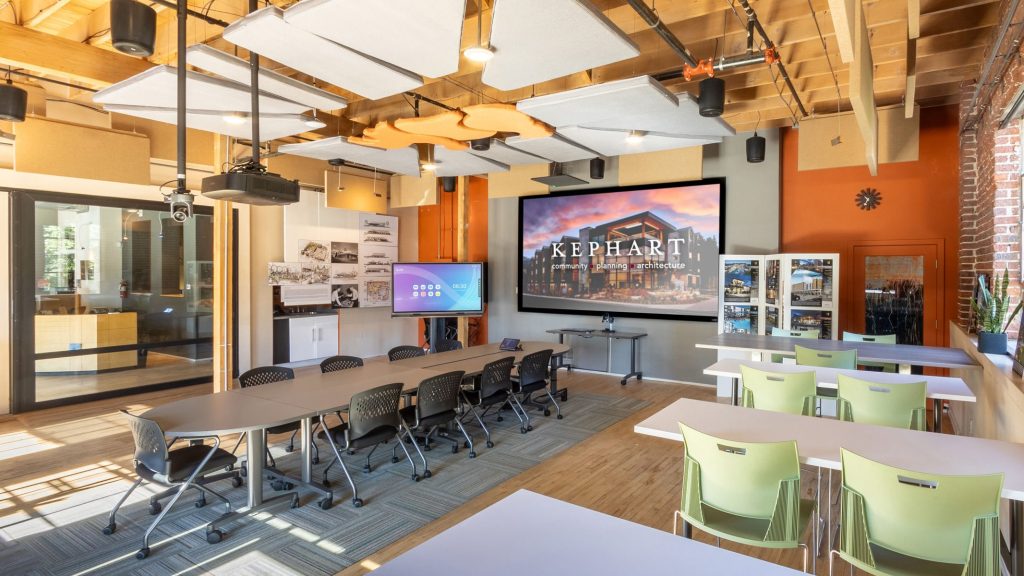 Kephart conference room modern AV setup with video conferencing and digital displays for corporate meetings
