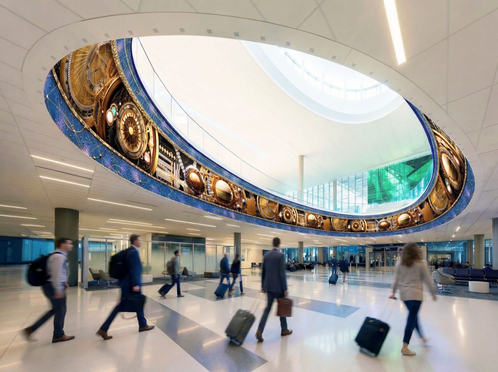 A large-scale wraparound LED display surrounding viewers with dynamic digital content for a branded immersive AV experience.