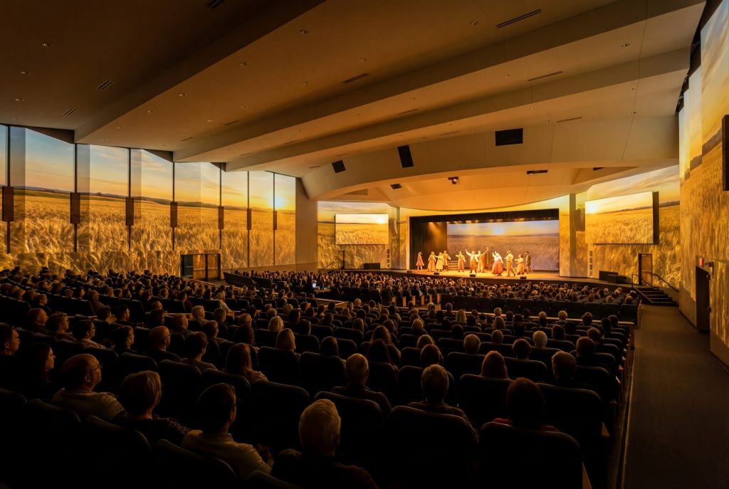 Architectural projection mapping creating a 360-degree immersive AV environment for themed storytelling and training.