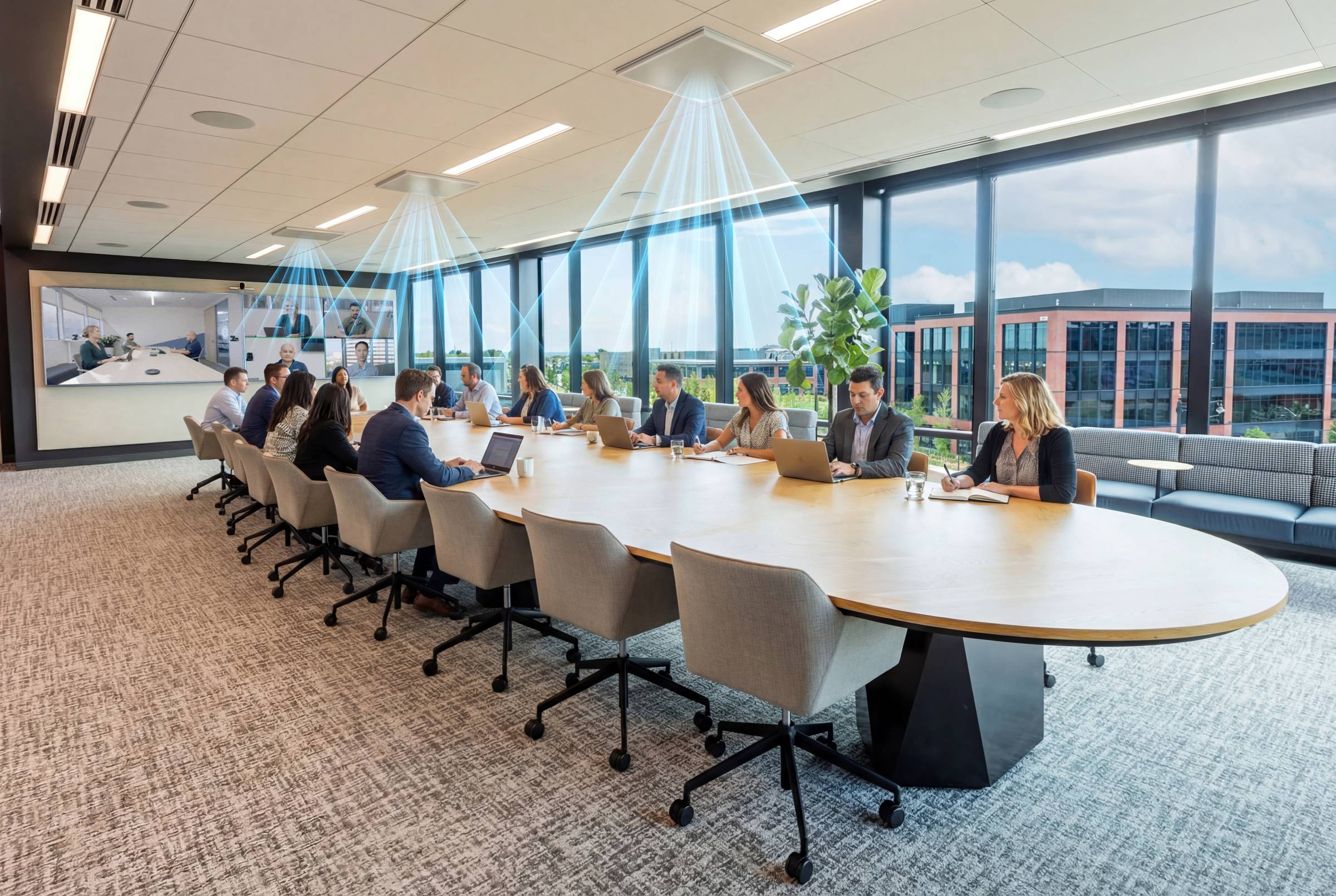 A ceiling-mounted beamforming microphone array providing high-performance audio for an immersive AV environment.