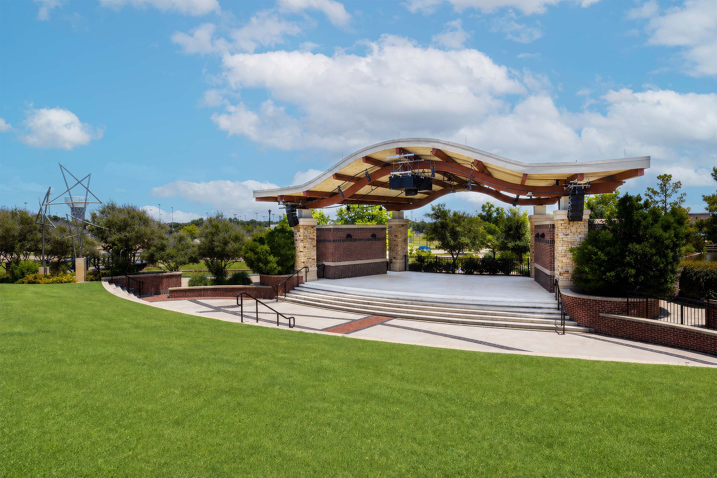Professional outdoor venue AV system at Southlake amphitheatre supporting concerts and community events