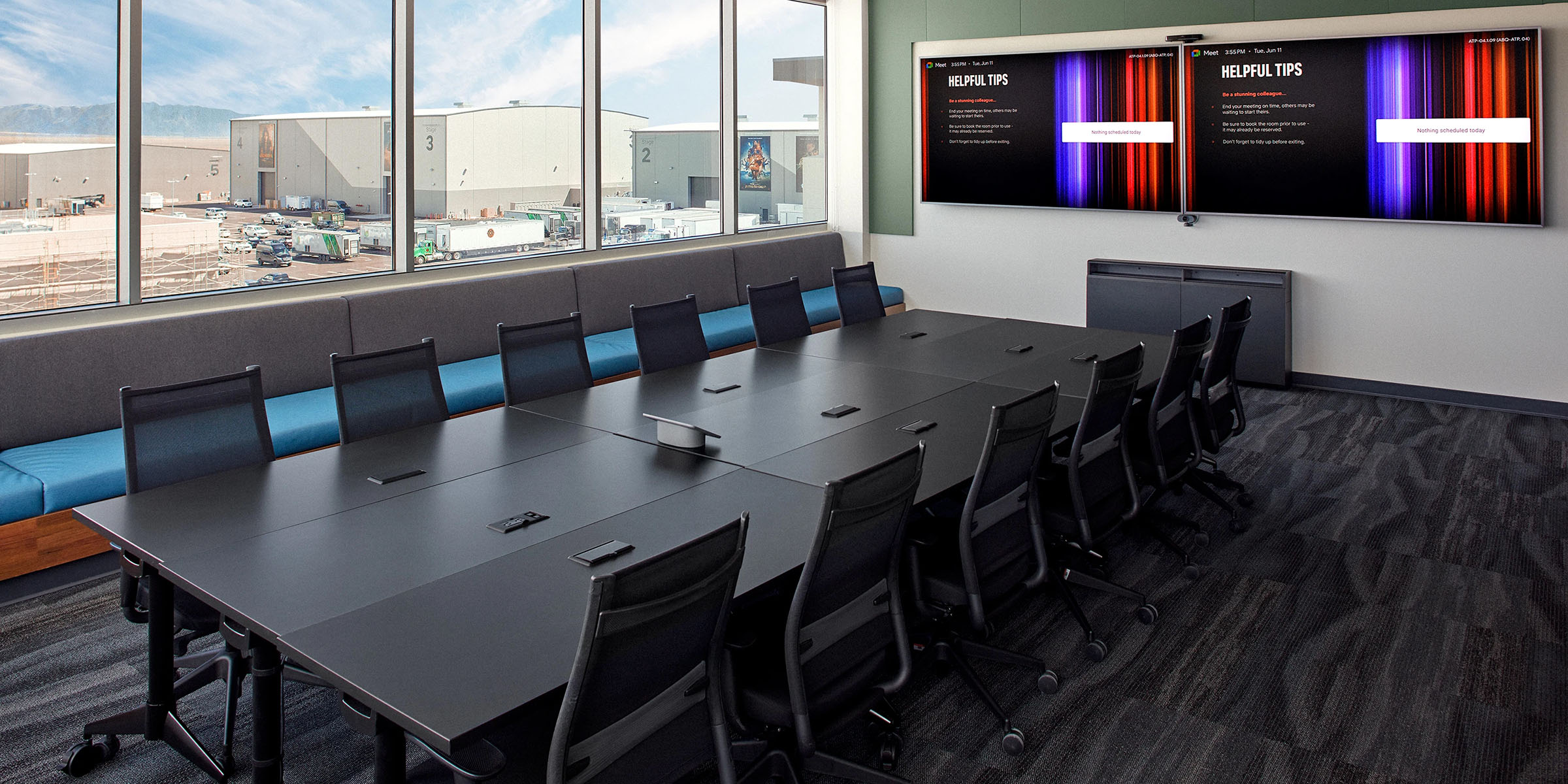 Conference room AV system in Netflix production studio featuring video conferencing and large display technology