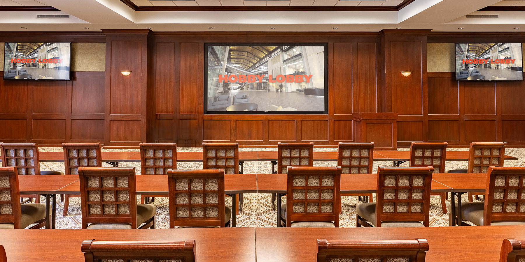 Direct-view LED video wall installation in Hobby Lobby's Grand Hall corporate meeting space in Oklahoma City