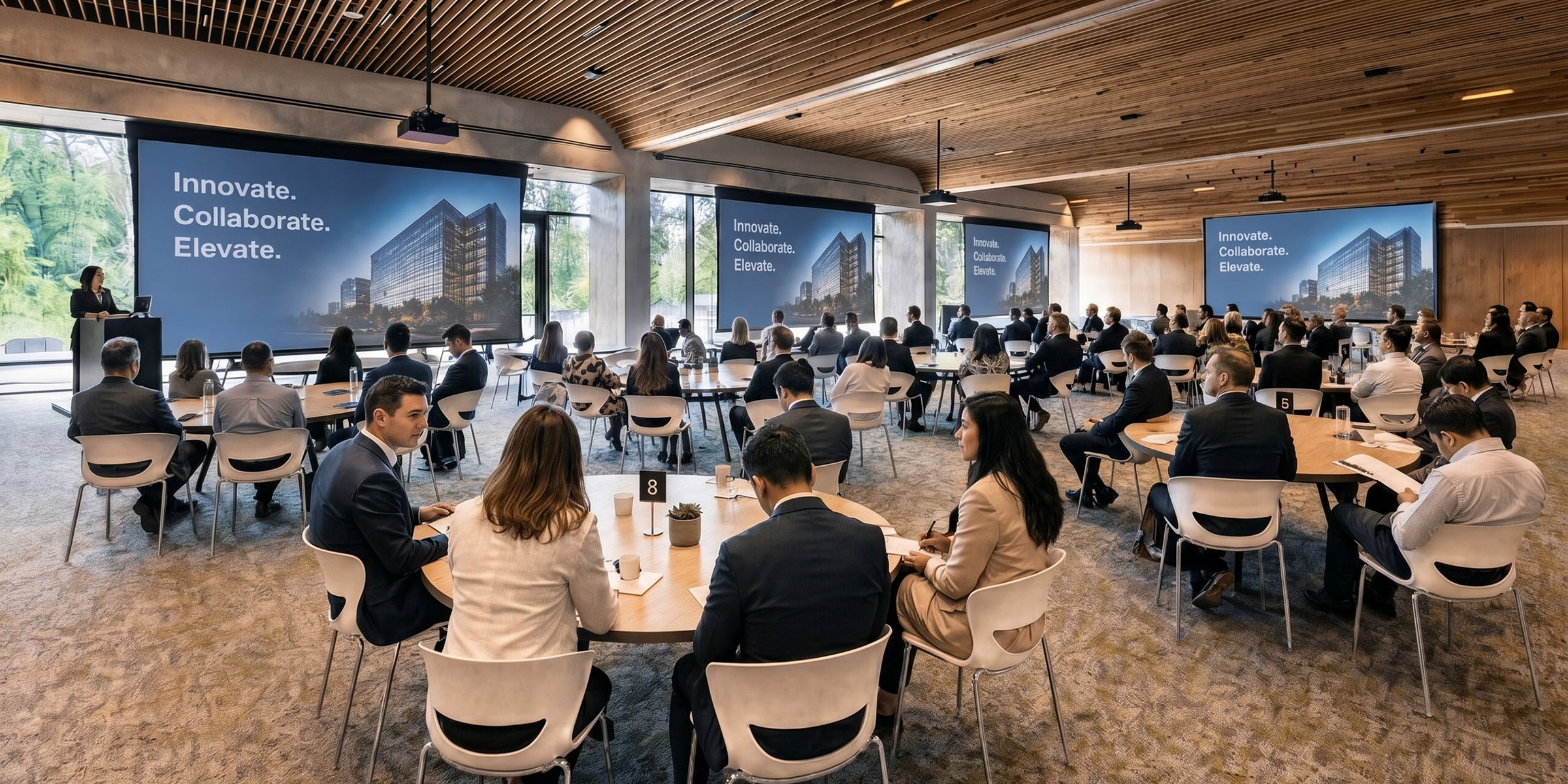 Healthcare facility AV installation at the Whole Health Institute in Bentonville, Arkansas featuring a large divisible event space with projection and integrated audio systems.