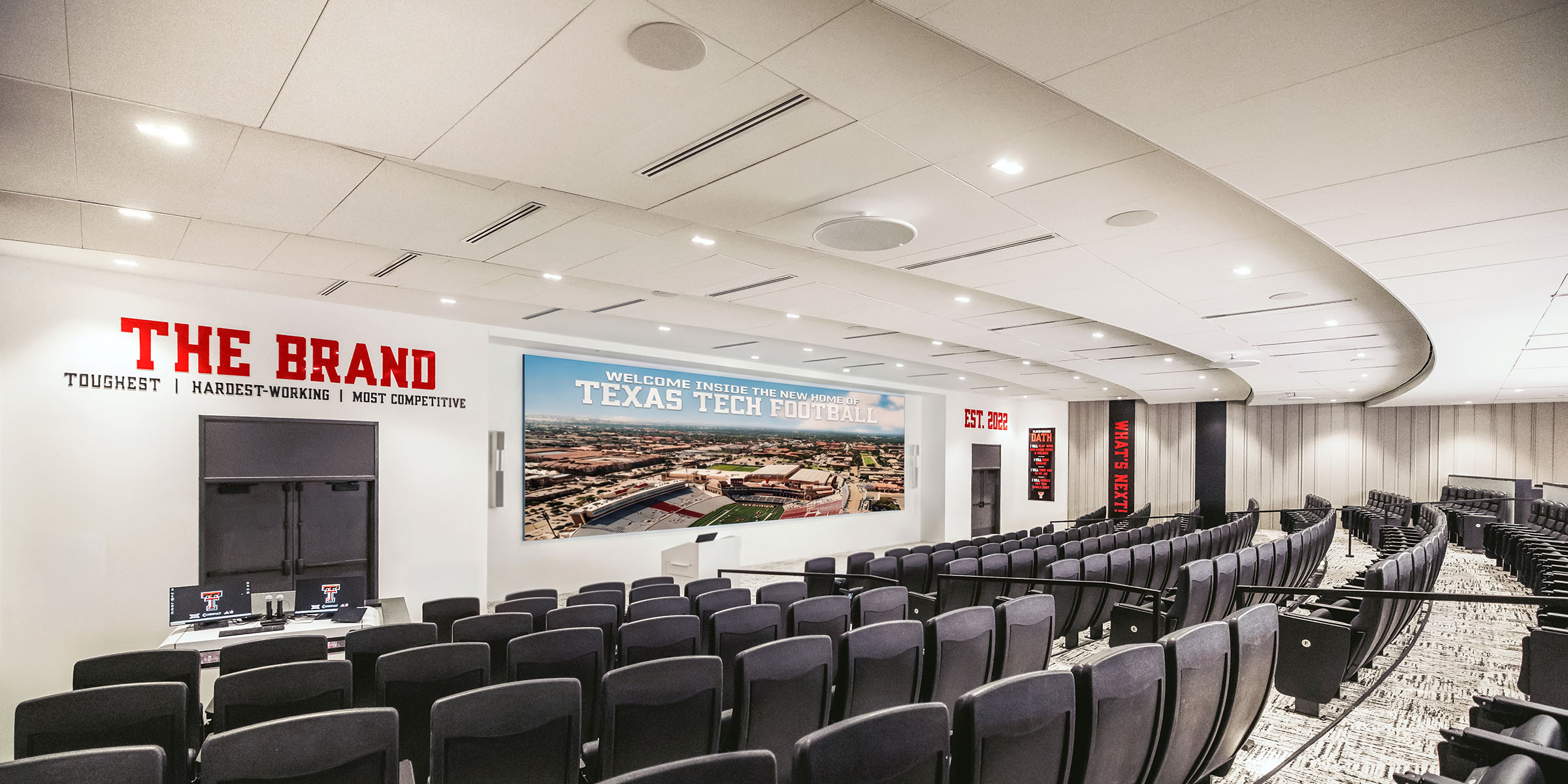 Direct-view LED video wall in the Texas Tech football team theater