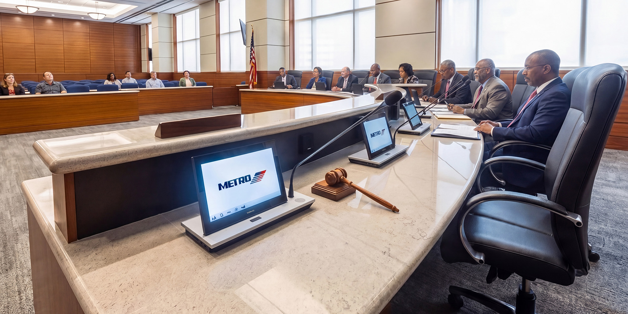 Boardroom AV system upgrade for Houston METRO headquarters featuring integrated conferencing, video displays, and public meeting technology.
