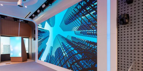 Modern AV-enabled boardroom at ATamp;T HQ 37th floor with video conferencing technology by Ford AV