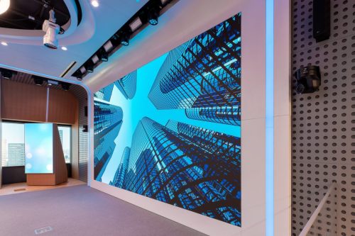 Modern AV-enabled boardroom at ATT HQ 37th floor with video conferencing technology by Ford AV